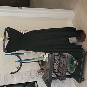 Cache' Strapless asymmetrical hem black dress, rhinstone waist cut out. Size 8